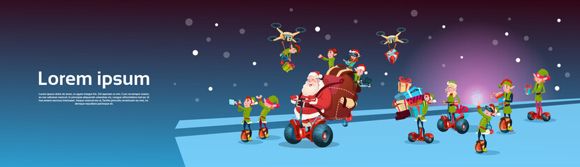Santa Claus With Sack Ride Electric Segway Scooter, Elf Flying On Drone Present Delivery Christmas Holiday New Year Banner Flat Vector Illustration