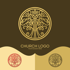 Church logo. Christian symbols. The cross of Jesus and elegant patterns.