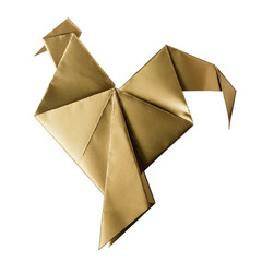 Shiny golden paper folded rooster handmade origami craft on white background isolated