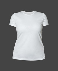 Women's white t-shirt isolated, front view, grey background