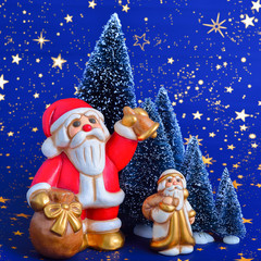 Santa Claus brings gifts and rings the bell with a background of trees and starry sky