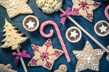 Christmas festive sweets background with candy and cookies