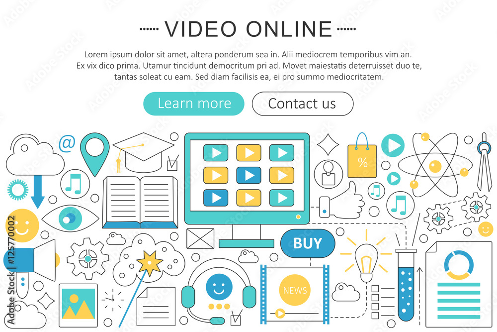 Poster Vector elegant thin line flat design Video online technology concept. Website header banner. Video tutorials learning Presentation, flyer and poster.