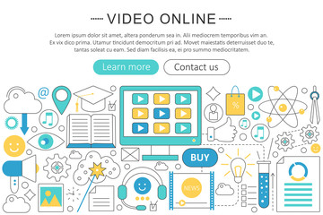 Vector elegant thin line flat design Video online technology concept. Website header banner. Video tutorials learning Presentation, flyer and poster.
