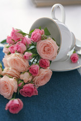 Beautiful roses with cup on a  napkin