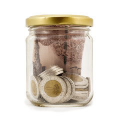 Egyptian Pounds, Coins in Jar, Isolated on White Background