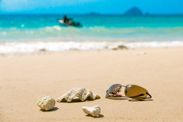 Fototapeta na wymiar Sunglasses shell coral reef on sandy beach, boat with sailor hea