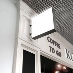 Signboard squard mock up onblurred cafe - 125773652