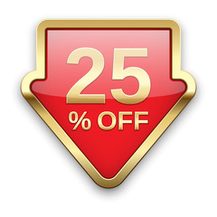 25% off golden badge, vector.