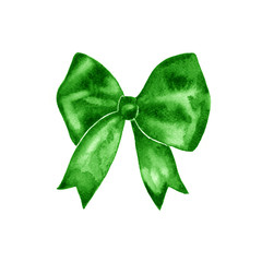 Watercolor green bow symbol. Hand painted illustration. Isolated on white