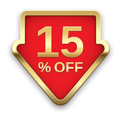 15% off golden badge, vector.