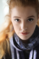 Red Haired Woman in Purple Scarf