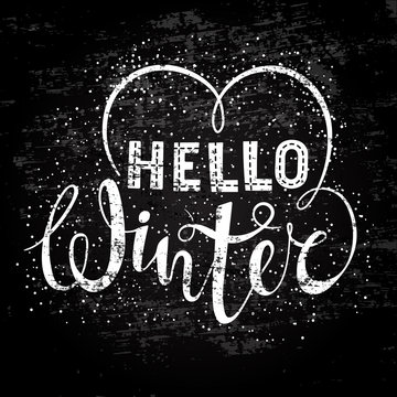 Hello winter text lettering with heart element. Seasonal shopping concept to design banners, price or label.