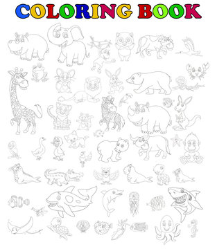 coloring book of big animal cartoon set