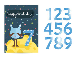 Happy birthday cartoon greeting card template with digits set on space theme. Funny moustached alien, colorful stars, Moon vector on blue background. Editable invitation on childrens costumed party
