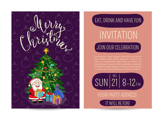 Invitation on Christmas party with date and time. Cute Santa, wrapped gifts, decorated toys christmas tree cartoon vectors. Merry Christmas and happy New Year greetings. Xmas holiday fun celebrating