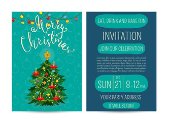 Invitation on Christmas party with date and time. Beautifully decorated with toys, garlands, candles Christmas tree cartoon vector. Merry Christmas and happy New Year greetings. Xmas fun celebrating