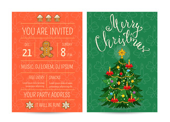 Invitation on Christmas party with date and time. Decorated with toys, garlands, candles christmas tree, gingerbread cookies cartoon vector. Merry Christmas, happy New Year greetings. Xmas celebrating