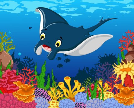 funny stingray cartoon with beauty sea life background