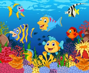 Fototapeta na wymiar funny fish cartoon with beauty sea life background