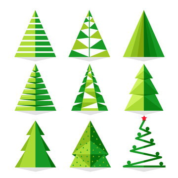 Green Christmas tree set vector illustration in triangle style. Merry Christmas and Happy New Year collection isolated on white background.