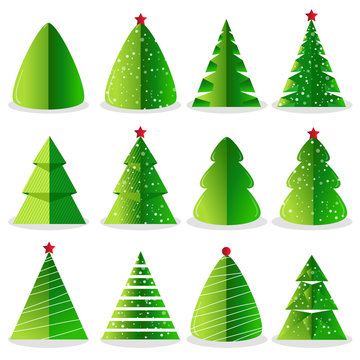 Green Christmas tree set vector illustration in flat design. Merry Christmas and Happy New Year collection isolated on white background.