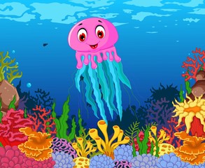 funny jellyfish cartoon with beauty sea life background