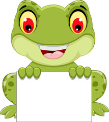 Fototapeta premium śmieszne kreskówka żaba siedzi trzyma pusty znak