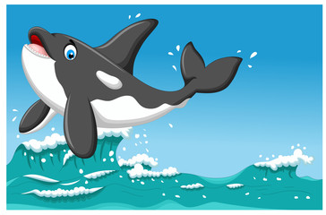 cute killer whale cartoon jumping with sea life background