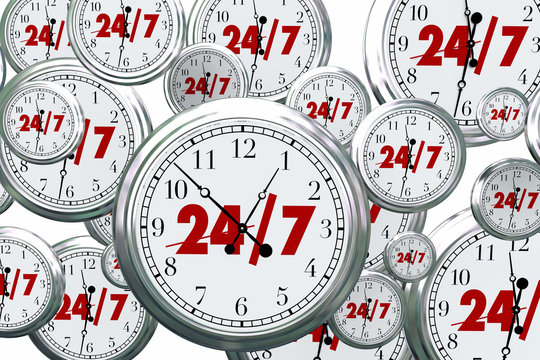 24 7 Hours Day Service Always Open Clocks Time 3d Illustration