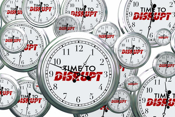 Naklejka premium Time to Disrupt Change Reinvent Clocks Flying 3d Illustration