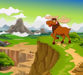 funny moose cartoon with beauty mountain landscape background