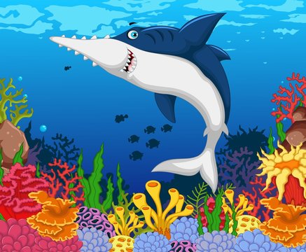 funny saw shark cartoon with sea life background
