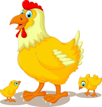 funny hen cartoon with her baby chicken