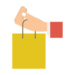 human hand holding a shopping bag icon over white background. colorful design. vector illustration