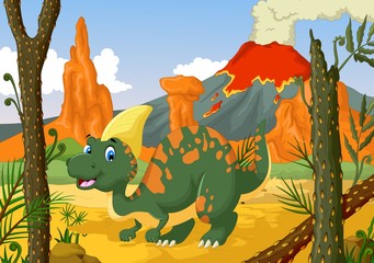 funny Parasaurolophus cartoon with forest landscape background