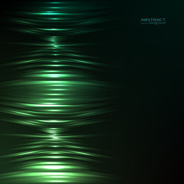 Vertical sound waveform abstract tech vector background. Glowing green on black background.