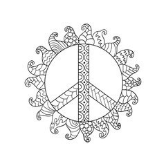 Hippie vintage peace symbol in zentangle style.