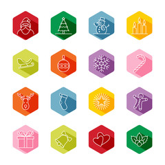 Christmas and new year icon set vector illustration - white outline on colorful hexagon with long shadow