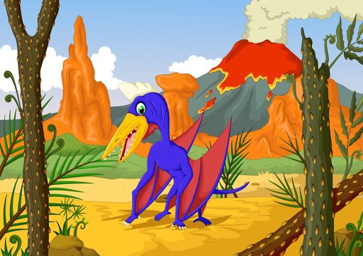 funny pterodactyl cartoon with forest landscape background