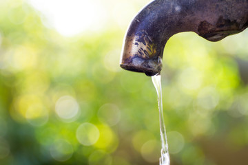 Brass water tap in nature background.