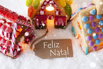 Colorful Gingerbread House, Snowflakes, Feliz Natal Means Merry Christmas