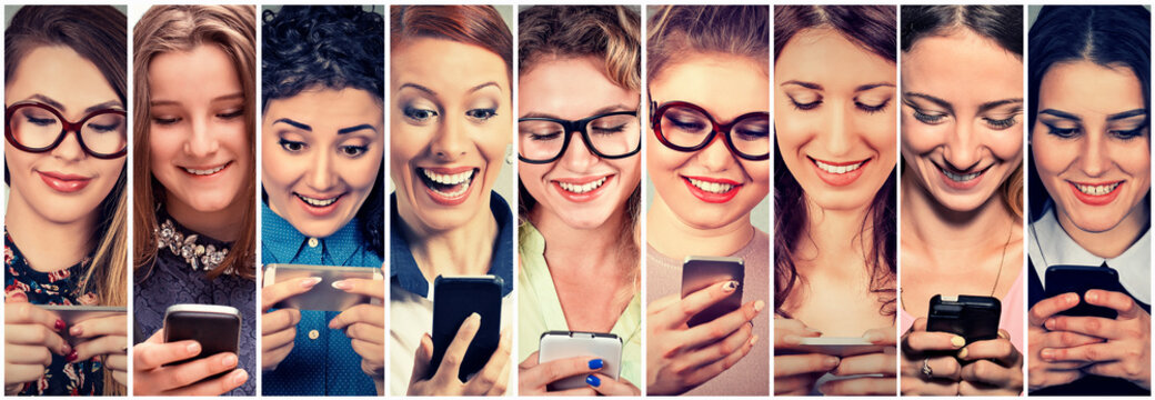 Multiethnic group of happy women using their phones sending sms