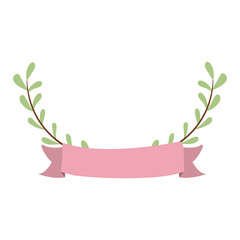 decorative wreath with oval green leaves and pink ribbon icon over white background. colorful design. vector illustration 