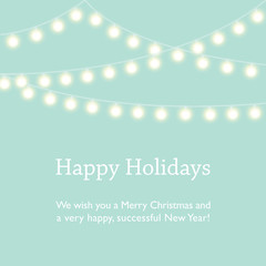 Happy Holidays, Merry Christmas and Happy New Year wishes. Mint green background with fairy lights. - 125782885