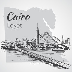 Cairo tower on the river Nile - skyline, Egypt. Sketch. Isolated