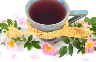 Cup of tea with wild rose flower on white background