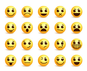 Smiley face vector icons set with funny facial expressions in yellow color isolated in white background. Vector illustration
