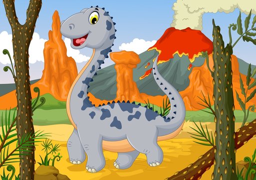 funny cute dinosaur cartoon posing in the jungle with landscape background