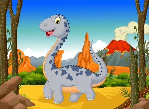 funny cute dinosaur cartoon posing in the jungle with landscape background